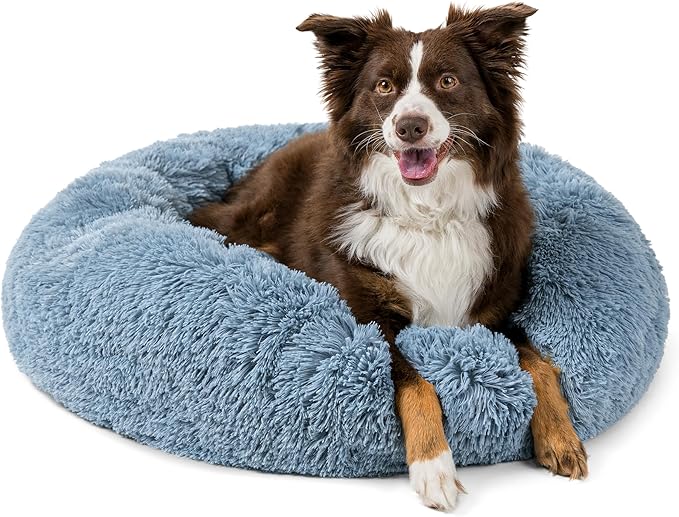 PetAmi Calming Dog Bed for Small & Medium Dogs and Cats, 30” Round Donut Dog Bed, Washable Fluffy Faux Fur Puppy & Cat Bed, Anti-Anxiety Plush Cuddler Pet Bed with Anti-Slip Bottom - Blue