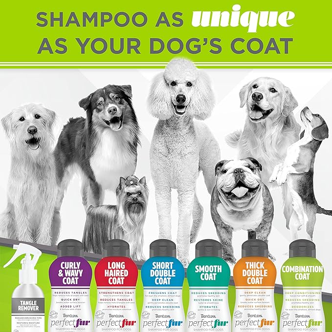 TropiClean Perfect Fur Deodorizing and Deshedding Dog Shampoo for Smelly Dogs, for Breeds with Long and Short Fur, Odor Control, Puppy Safe, 16oz.