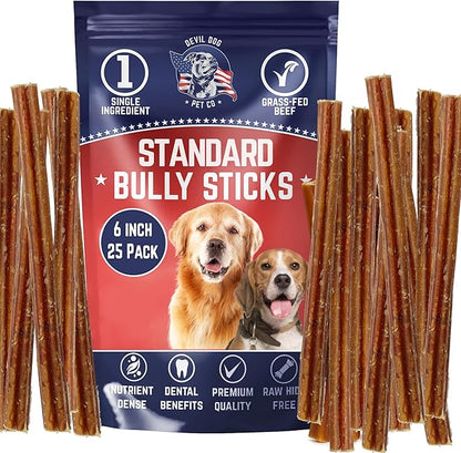 Devil Dog Pet Co. Bully Sticks – 6 Inch, 25 Pack, Standard Sized Dog Chews, 100% Natural, Single Ingredient, Free-Range Grass-Fed Beef – Long Lasting, Rawhide-Free Treats for Dogs