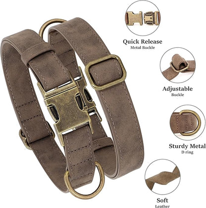 Didog Soft PU Leather Dog Collar, Stylish Quick Released Dog Collars for Medium Dogs, Easy Clean Adjustable Pet Collar for Daily Walking, Brown, M Fit 13-21" Neck