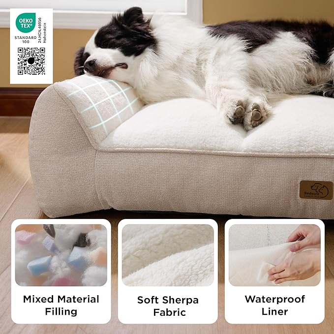 Bedsure XL Orthopedic Dog Beds Large Sized Dog - Extra Thick Supportive Dogs Couch with Waterproof Washable Cover, Extra Large Comfort Pet Bed Sofa with Soft Plush Sherpa and Nonskid Bottom, Beige