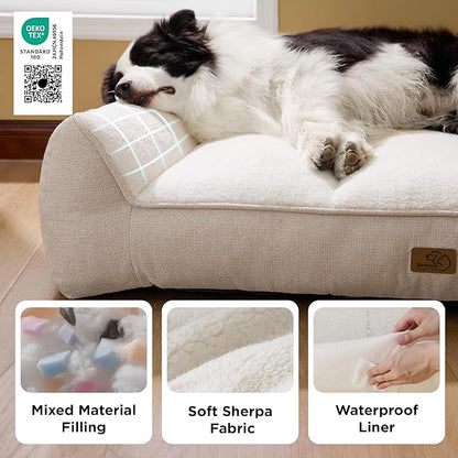 Bedsure Orthopedic Dog Bed Medium Size Dog - Extra Thick Supportive Medium Dogs Beds with Waterproof Washable Cover, Comfort Pet Bed Sofa with Soft Plush Sherpa and Nonskid Bottom, Beige, 35"