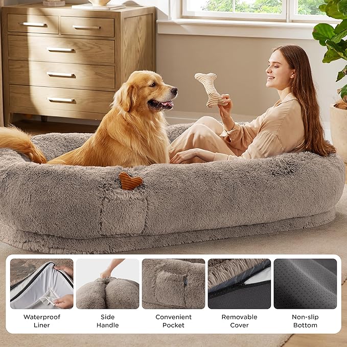 Bedsure Calming Human Dog Bed, 71" x 44" x 12" Giant Human Dog Bed for Adults People Fits Pet Families with Storage Pocket, Fluffy Faux Fur Orthopedic Pet Bean Bed, Camel