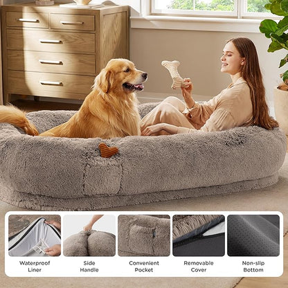 Bedsure Calming Human Dog Bed, 71" x 44" x 12" Giant Human Dog Bed for Adults People Fits Pet Families with Storage Pocket, Fluffy Faux Fur Orthopedic Pet Bean Bed, Camel
