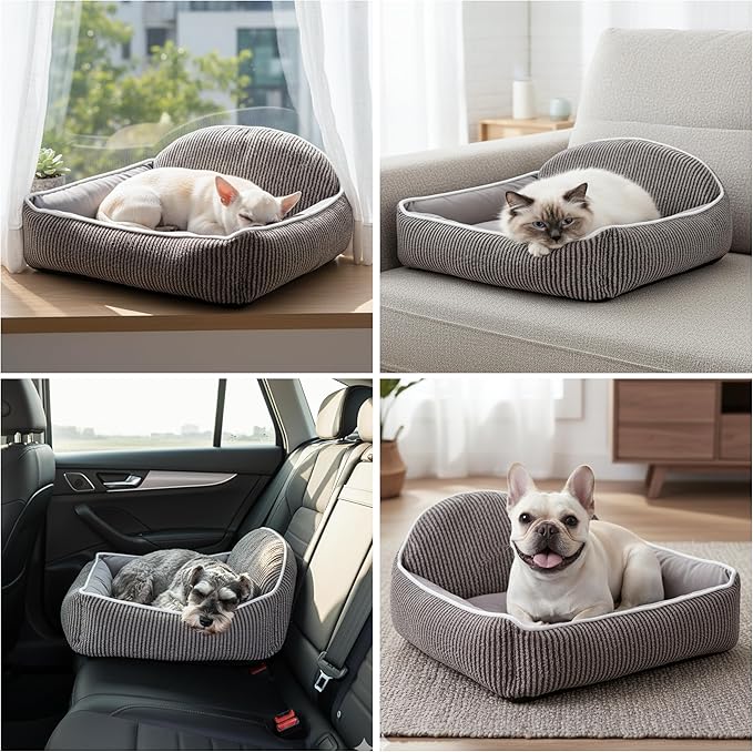 Striped Backrest Pet Sofa Bed | 30cm Semi-Circular Shell Backp Design | Suitable for 0-50lbs Cats, Dogs, Rabbits | Machine-Washable Plush Dog Bed (Dark Brown)