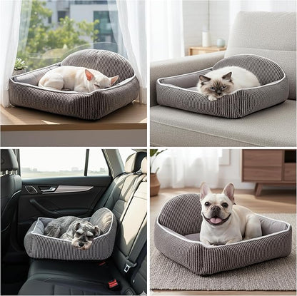 Striped Backrest Pet Sofa Bed | 30cm Semi-Circular Shell Backp Design | Suitable for 0-50lbs Cats, Dogs, Rabbits | Machine-Washable Plush Dog Bed (Dark Brown)