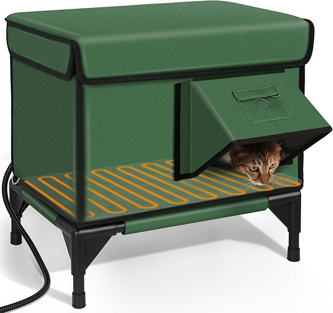 Indestructible Heated Cat House for Outside Winter, 100% Waterproof, Safe Escape Door, Insulated Outdoor Cat Shelter with Heater for Feral Barn Cat Kitty (Green, 12"x16"x18")