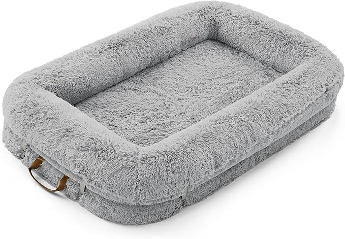 LE SURE Foldable Human Dog Bed - 3 in 1 Flexible Giant Human Dog Bed for Adult People with Supportive Bolster Egg Foam, Waterproof Liner, Calming Fluffy Faux Fur Orthopedic Big Bean Bed, Soft Grey