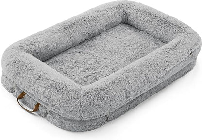 LE SURE Foldable Human Dog Bed - 3 in 1 Flexible Giant Human Dog Bed for Adult People with Supportive Bolster Egg Foam, Waterproof Liner, Calming Fluffy Faux Fur Orthopedic Big Bean Bed, Soft Grey