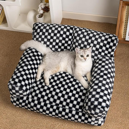 Faux Fur Cat & Dog Sofa Cat Couch Mini Cat Bed Indoor Human Style Pet Sofa, Modern Pet Furniture for Cats, Washable ＆ Removable Cover, for Cats and Small Medium Dogs (Black/White, Medium(24X19 inch))
