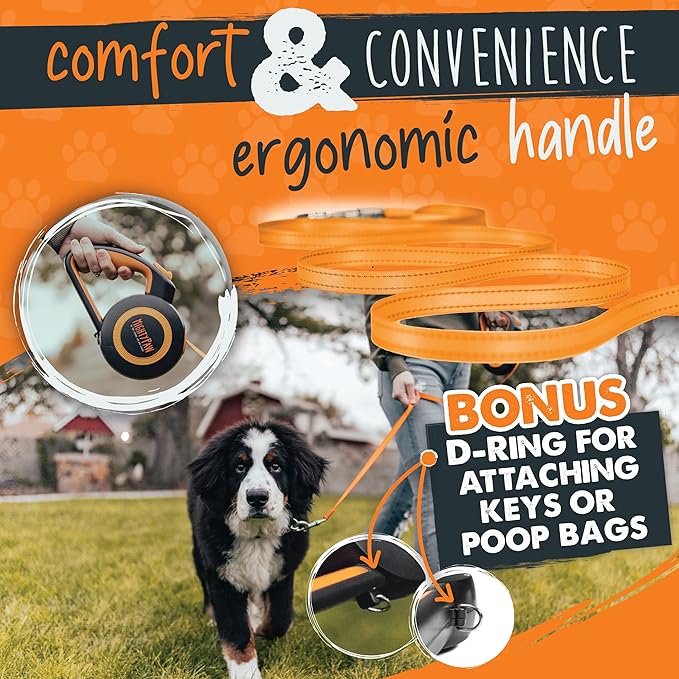 Mighty Paw Retractable Dog Leash 2.0 - Auto-Locking Button for The Control When You Need - Stainless Steel Coil for Smooth Retraction - Super Reflective Ring for Nighttime Visibility - No More Tangle