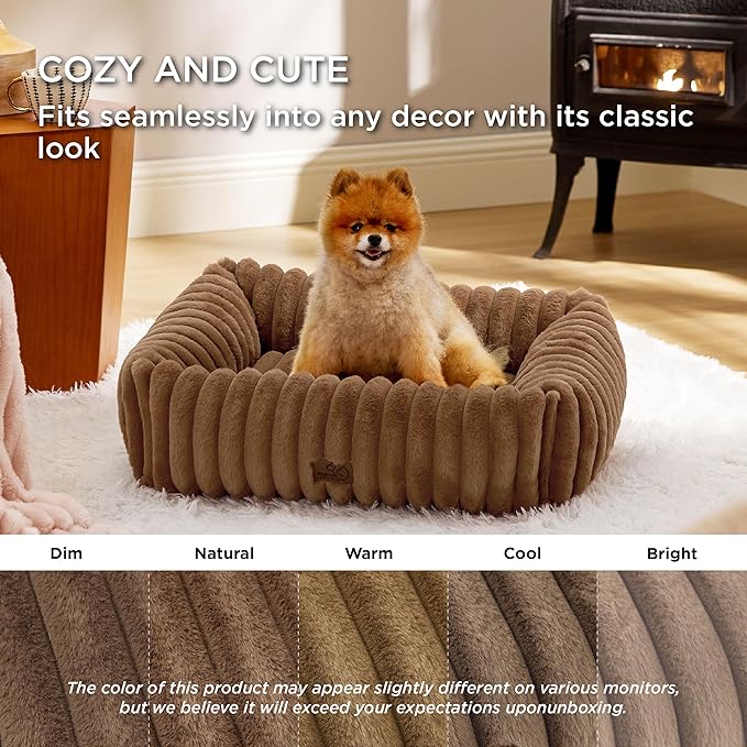 Bedsure ComfyFleece Washable Dog Bed for Medium Dogs - Cute Furry Puppy Beds, Rectangle Orthopedic Corduroy Fleece Pet Beds with Removable Zipper Cover, 30x24x8inches, Camel Brown