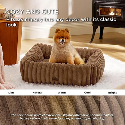 Bedsure ComfyFleece Washable Dog Bed for Medium Dogs - Cute Furry Puppy Beds, Rectangle Orthopedic Corduroy Fleece Pet Beds with Removable Zipper Cover, 30x24x8inches, Camel Brown