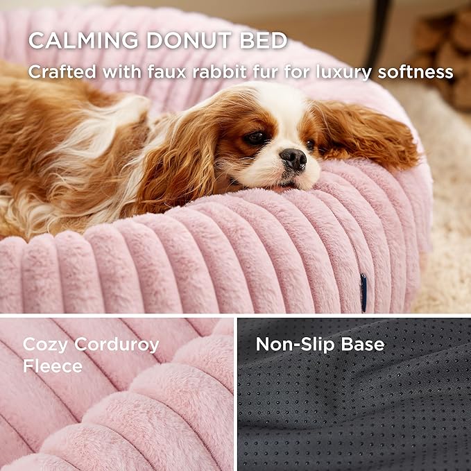 Bedsure ComfyFleece Donut Small Dog Bed - Dog Beds for Small Dogs with Corduroy Fleece & Anti Slip Bottom, Round Faux Fur Pet Beds with Washable Removable Cover, Blush Pink, 23x23x7 inches