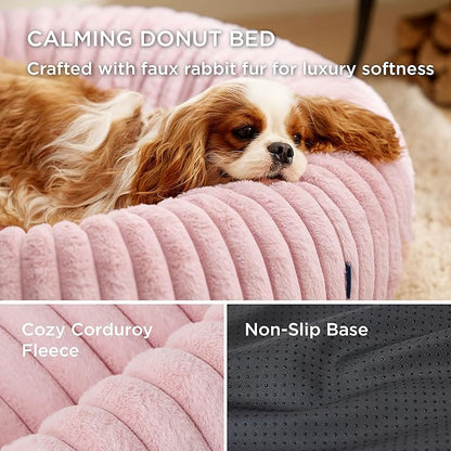Bedsure ComfyFleece Cat beds for Indoor Cats - Donut Dog Beds for Small Dogs with Corduroy Fleece & Anti Slip Bottom, Faux Fur Pet Beds with Washable Removable Cover, Blush Pink, 20x20x6 inches