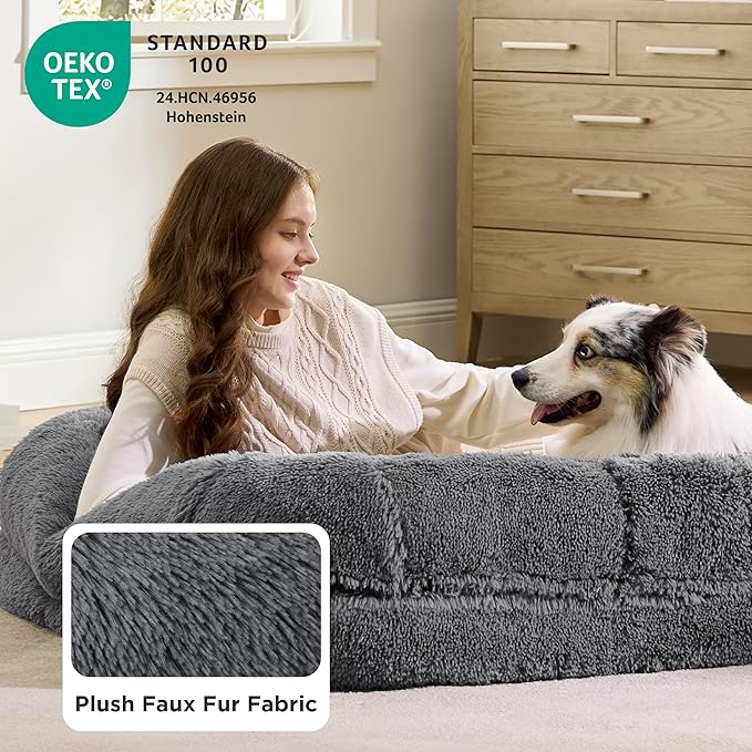 Bedsure Foldable Human Dog Bed - 2 in 1 Flexible Giant Human Dog Bed for Adult People with Supportive Bolster Egg Foam, Waterproof Liner, Calming Fluffy Faux Fur Orthopedic Big Bean Bed, Dark Grey