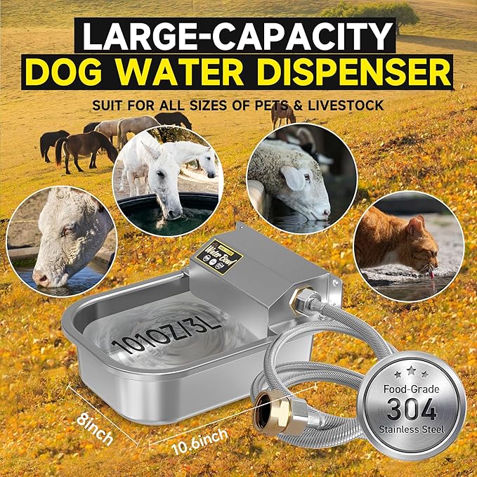 PETIMI Automatic Water Dispenser for Dogs, 101oz Outdoor Dog Water Bowl, 304 Stainless Steel Water Feeder for Small to Large Pets, Large Livestock Waterer, Anti-Tipping, Water Auto-Fill, Easy to Clean