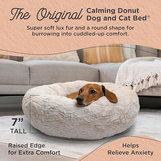 Best Friends by Sheri The Original Calming Donut Dog Bed – Washable Plush Pet Bed for Cats & Small Dogs up to 25 lbs, Lux Faux Fur, Oyster, Small (23" x 23")