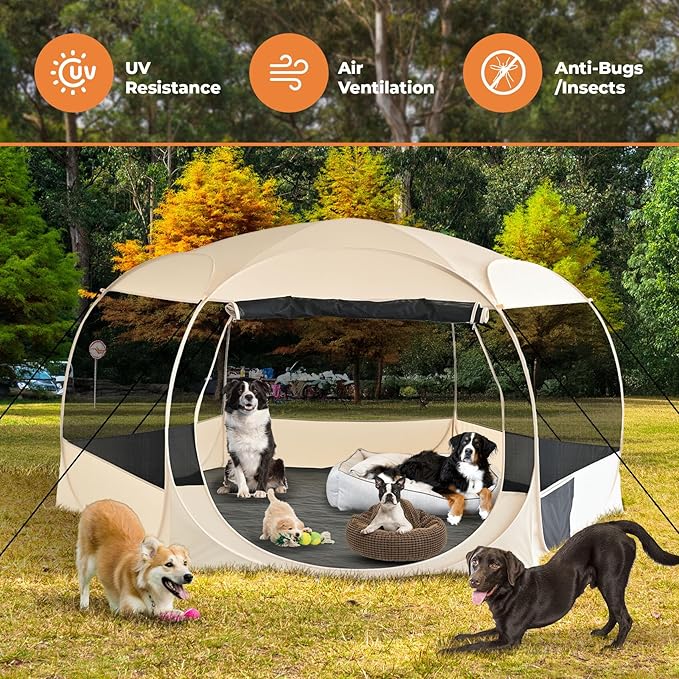EighteenTek® XXLarge Popup Portable Dog Houses 10'x4.8'H Assembly-Free Gazebo-Style Dog Cot Cat Playpen Screen Pet Tent Sun Shade Shelter Dog Bed with Canopy for Outdoor Anti-Bugs with Leakproof Floor
