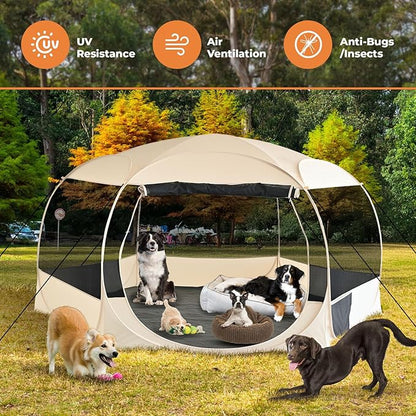 EighteenTek® XXLarge Popup Portable Dog Houses 10'x4.8'H Assembly-Free Gazebo-Style Dog Cot Cat Playpen Screen Pet Tent Sun Shade Shelter Dog Bed with Canopy for Outdoor Anti-Bugs with Leakproof Floor