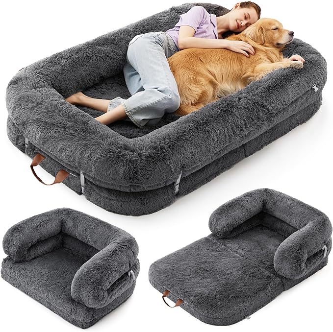 LE SURE Foldable Human Dog Bed - 3 in 1 Flexible Giant Human Dog Bed for Adult People with Supportive Bolster Egg Foam, Waterproof Liner, Calming Fluffy Faux Fur Orthopedic Big Bean Bed, Charcoal