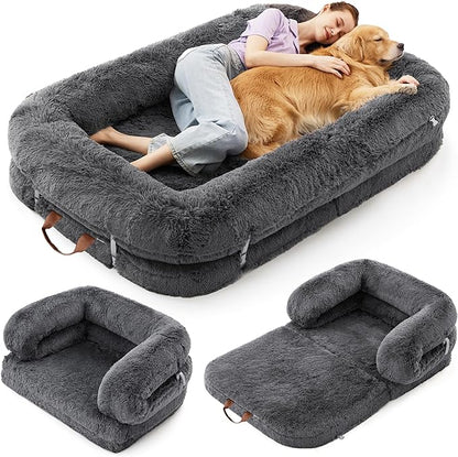 LE SURE Foldable Human Dog Bed - 3 in 1 Flexible Giant Human Dog Bed for Adult People with Supportive Bolster Egg Foam, Waterproof Liner, Calming Fluffy Faux Fur Orthopedic Big Bean Bed, Charcoal