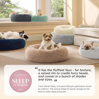 Bedsure Calming Dog Bed for Medium Dogs - Donut Washable Medium Pet Bed, 30 inches Anti-Slip Round Fluffy Plush Faux Fur Cat Bed, Fits up to 45 lbs Pets, Pale Grey