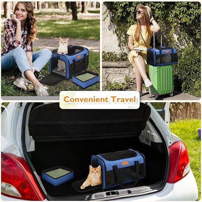 PETUX Airline Approved Pet Carrier - 17x11x9.5 in, Underseat, Top & Side Entry, Soft Sided Cat Dog Carrier for Small Cat & Dog Up to 12 lbs with Anti-Scratch Mesh & Litter Box for Travel & Vet - Blue