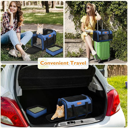 PETUX Airline Approved Pet Carrier - 17x11x9.5 in, Underseat, Top & Side Entry, Soft Sided Cat Dog Carrier for Small Cat & Dog Up to 12 lbs with Anti-Scratch Mesh & Litter Box for Travel & Vet - Blue