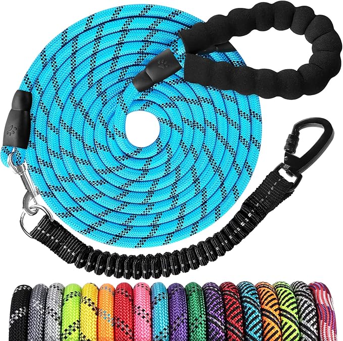 Long Dog Leash 30 FT: Heavy Duty Rope Leashes for Dogs Training with Swivel Lockable Hook Reflective Threads Bungee and Padded Handle - Dog Lead for Large Small Medium Dogs Outside Walking Hiking Blue