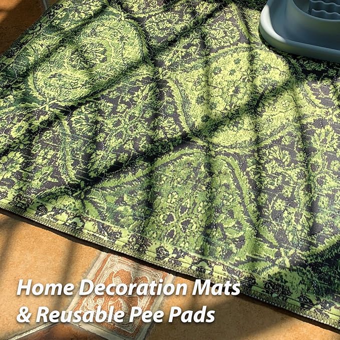 nunubaby Washable Pee Pads for Dogs, Stylish, Non-Slip and Leak-Proof Pee Pads. Reusable Potty Pads for Dogs for Crates and Floors.(Green/Multi, 24" x36" )