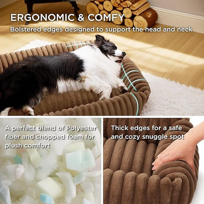Bedsure ComfyFleece Cute Dog Bed for Small Dogs & Cats - Washable Furry Puppy Beds, Rectangle Orthopedic Corduroy Fleece Pet Beds with Removable Zipper Cover, 20x19x6inches, Camel Brown