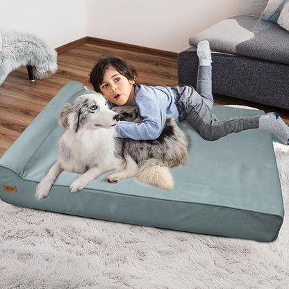 Sytopia XXL Memory Foam Dog Bed, 7 Inch Thick Extra Large Orthopedic Couch for Senior Dogs Over 100 Pounds, Water Resistant and Washable Cover, Liner, Light Blue