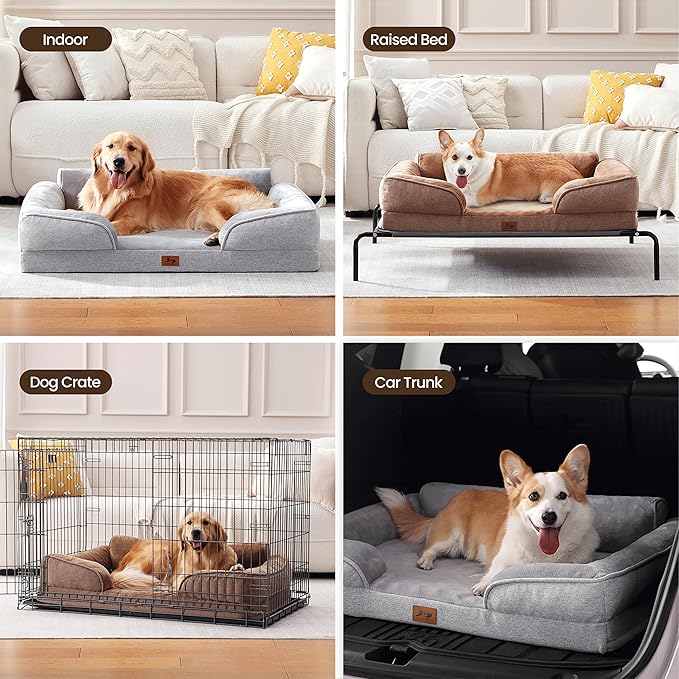 Warmrest Orthopedic Dog Beds for Large Sized Dogs, Waterproof Egg-Crate Foam Pet Couch Bed with Soft Side, Non-Slip Dog Sofa with Flannel Removable Washable Cover, 35"L Supportive Pet Sofa, Light Grey