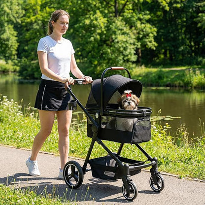 Foldable Dog Stroller, 3 in 1 Pet Stroller for Small Medium Dog Cat up to 50lbs, Detachble Portable Pet Bag, Storage Basket and One-Button Folding Frame