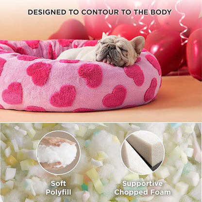 Lesure Donut Medium Dog Bed Calming - Round Cat Beds Indoor Valentine's Day Gift for Pets, Orthopedic Washable Cute Home Decor Beds with Jacquard Shaggy Plush & Anti Slip Bottom, 30 Inch, Lover Hearts