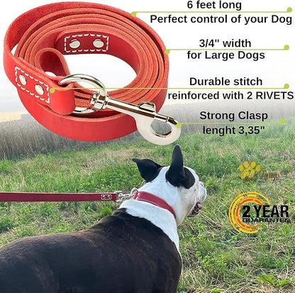 Leather Dog Leash 6 ft x 3/4 inch - Soft, Strong, Heavy Duty for Large & Medium Breeds - Dog Lead for Walking & Training (Red, L - 6 ft x 3/4 inch)