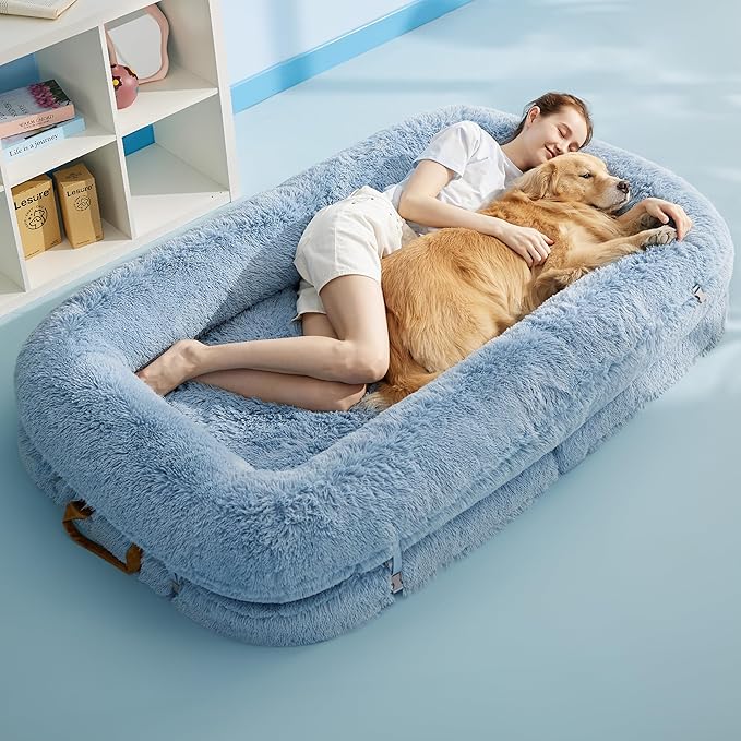 LE SURE Foldable Human Dog Bed - 3 in 1 Flexible Giant Human Dog Bed for Adult People with Supportive Bolster Egg Foam, Waterproof Liner, Calming Fluffy Faux Fur Orthopedic Big Bean Bed, Baby Blue