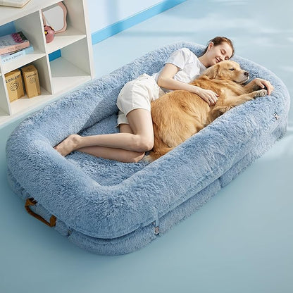 LE SURE Foldable Human Dog Bed - 3 in 1 Flexible Giant Human Dog Bed for Adult People with Supportive Bolster Egg Foam, Waterproof Liner, Calming Fluffy Faux Fur Orthopedic Big Bean Bed, Baby Blue