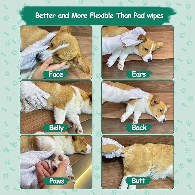 CHPPEY 20PCS Pet Cleaning and Deodorizing Grooming Glove Wipes for Dogs and Cats, Extra Thick Nourish Fur No-Rinse Grooming Wipes for Daily Care and Travel, Hypoallergenic