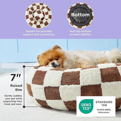 LE SURE Donut Small Dog Bed - Round Cat Beds Indoor Anti-Anxiety Calming Present for Pets, Washable Cute Modern Beds with Jacquard Shaggy Plush & Anti Slip Bottom，23 Inch, Brwon