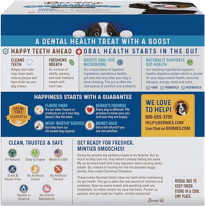 Bernie's Charming Chompers - Daily Dental Chews for Dogs 26-50 Lbs. - 36 Count - Cleans Teeth, Freshens Breath, + Boosts Oral-Gut Microbiome. Easy to Digest, Supports Healthy Digestion Naturally