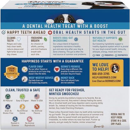 Bernie's Charming Chompers - Daily Dental Chews for Dogs - Cleans Teeth, Freshens Breath, + Boosts Oral-Gut Microbiome. Easy to Digest, Supports Healthy Digestion Naturally (36 oz, Small Dogs)