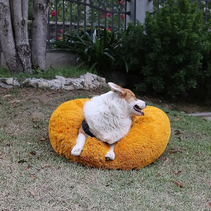 Calming Dog Bed for Medium Dogs Washable Donut 30 inches Anti-Slip Pet Bed,Round Fluffy Plush Faux Fur Cat Bed,Fits up to 45 lbs Pets,Orange