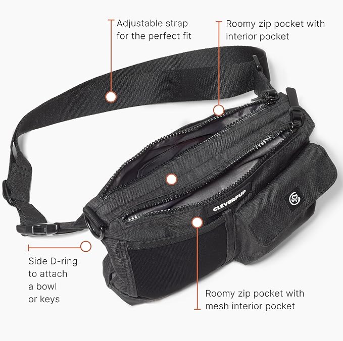 Cleverpup, Dog Walk & Train Sling Bag - Hands-Free 2-In-1 Treat Pouch, Poop Bag Holder, Clicker, Phone Pocket - Crossbody/Fanny Pack, Adjustable Strap - Graphite