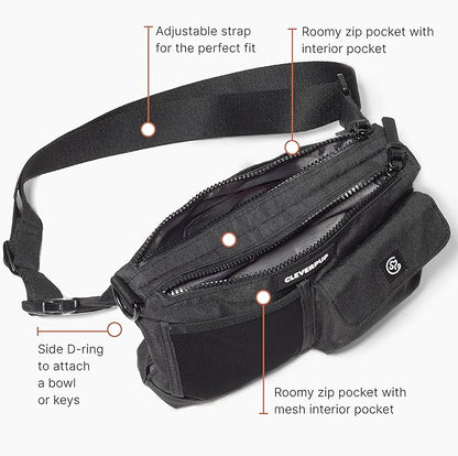 Cleverpup, Dog Walk & Train Sling Bag - Hands-Free 2-In-1 Treat Pouch, Poop Bag Holder, Clicker, Phone Pocket - Crossbody/Fanny Pack, Adjustable Strap - Graphite
