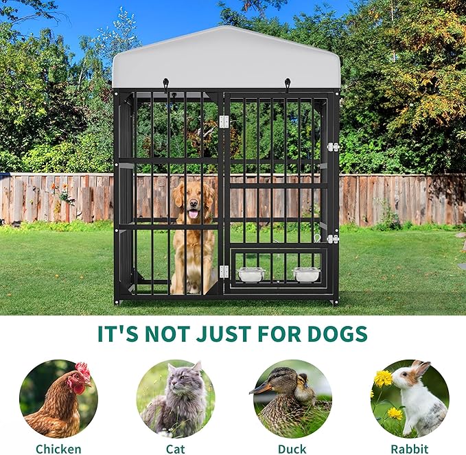 YITAHOME Outdoor Dog Enclosure with Rotating Feeder Bowls, 4'L x 4'W x 5'H Outside Dog Kennel with Roof, Heavy Duty Dog Cage for Small Medium Dogs