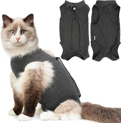 Hpetppy Cat Recovery Suit for Spay Abdominal Wounds, Kitten Onesie Bodysuit for Cats After Surgery, Cat Surgery Recovery Suit Female Cone of Shame Alternative for Cats Anti Licking (Dark Grey,S)