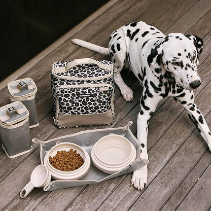 Cleverpup, Large 7-Piece Bistro Box Dog Food Travel Kit, 12-Cup Kibble Storage, 2 Silicone Bowls, Mat & Scoop - Premium Portable Pet Food Kit for Weekends, Overnights, Daycare & Camping, Leopard