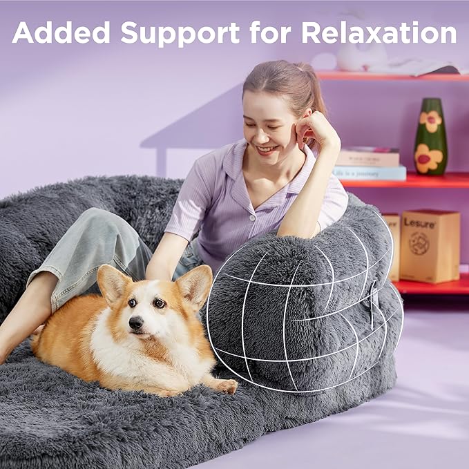 LE SURE Foldable Human Dog Bed - 3 in 1 Flexible Giant Human Dog Bed for Adult People with Supportive Bolster Egg Foam, Waterproof Liner, Calming Fluffy Faux Fur Orthopedic Big Bean Bed, Charcoal